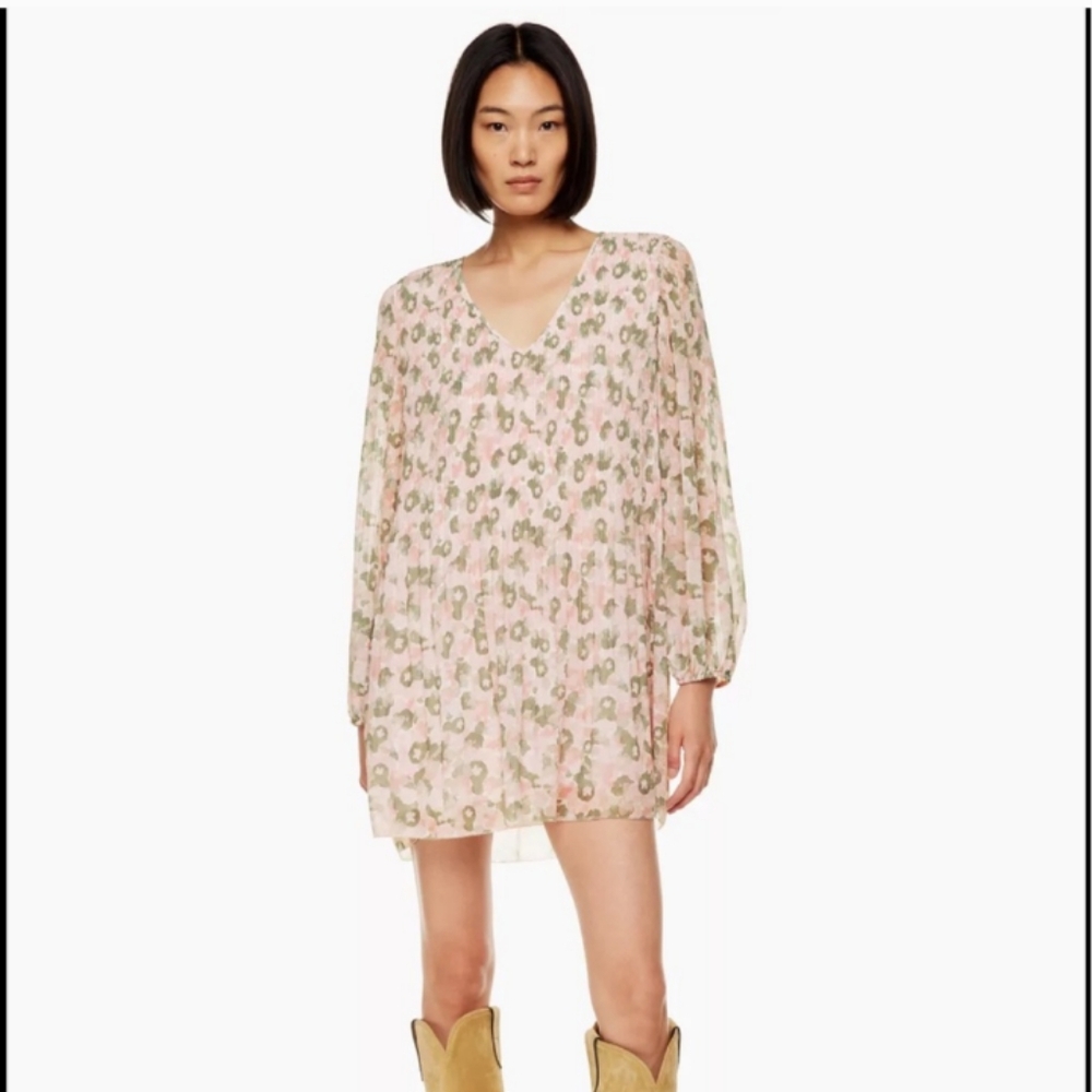 Aritzia Wilfred Daydreamer Pleated Chiffon Mini Dress Long Sleeve